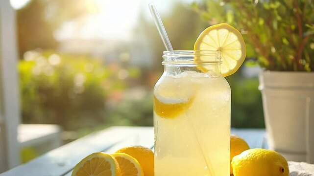 Refreshing homemade lemonade served in a jar with fresh lemons on a sunny patio in the afternoon