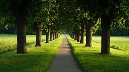 Serene Tree-Lined Pathway through Green Landscape