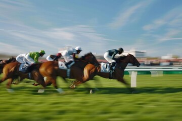Horses and jockeys race with intense speed in a close competition on a clear day at the race track.