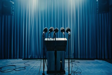 A podium stands empty with multiple microphones set up, signifying a pending press conference or speech against a backdrop of deep blue curtains.