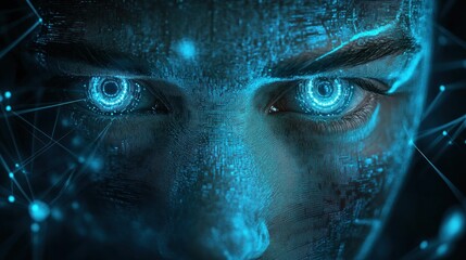 Naklejka premium A futuristic close-up of a human face with digital elements and glowing eyes.