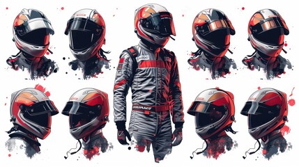 Design Pop Color illustrations of Horse wearing a racecar driver outfit in a white background in various activities ,with bold lines and simple design, placed on a white background 