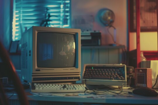 A vintage computer setup in a dimly lit room, evoking a nostalgic atmosphere with its retro monitor, keyboard, and surrounding accessories.