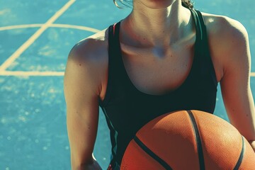 Fototapeta premium The cropped torso of a female basketball player holding a ball on an outdoor court, emphasizing her athletic build and determination.