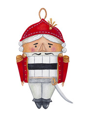 Watercolor hand drawn illustration of nutcracker, children toy for decoration , for Christmas tree. Winter holiday. isolated on white background