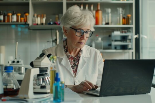 An elderly scientist in a lab coat works diligently on a laptop in a laboratory setting, surrounded by scientific equipment and supplies, embodying dedication and focus.