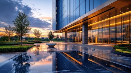 Modern Glass Building with a Fountain and Sunset Reflection