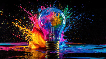 A light bulb is surrounded by colorful paint splatters.