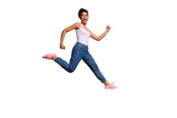 Full length side profile body size photo funny she her dark skin model lady jumping high champion rush sale discount shop wear casual jeans denim pants trousers tank-top isolated yellow background