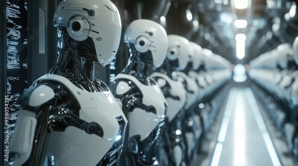Poster ai robots bridging human input, data streams, and advanced neural networks in an interconnected big 