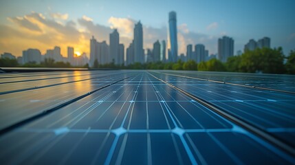 Fototapeta premium Solar Panels on Modern City Rooftops at Sunset