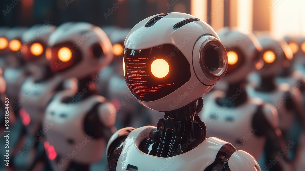 Poster ai robots communicating via software network protocols and big data streams, with intelligent brain 