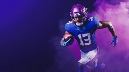 A football player in a blue jersey runs with the ball in hand, purple smoke fills the background.