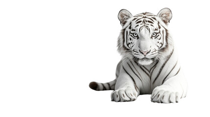 Fototapeta premium A striking white Bengal tiger isolated on a pure white background, showcasing its beautiful stripes and fierce presence