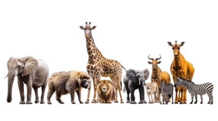A cute illustration of a group of animals, including a dog, cat, elephant, and giraffe, set against a white background, showcasing wildlife in a playful, cartoon style