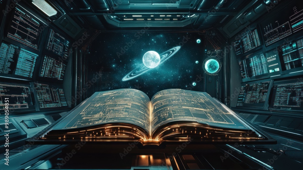 Poster an open book in a futuristic setting with planets and cosmic elements.