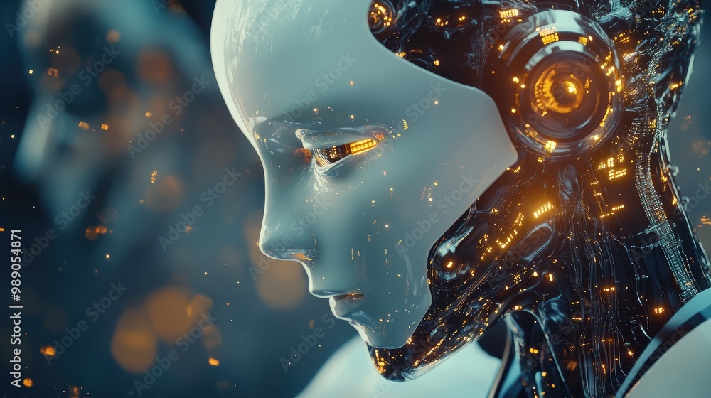 Poster ai robots communicating via software network protocols and big data streams, with intelligent brain 