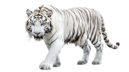 A striking white Bengal tiger isolated on a pure white background, showcasing its beautiful stripes and fierce presence