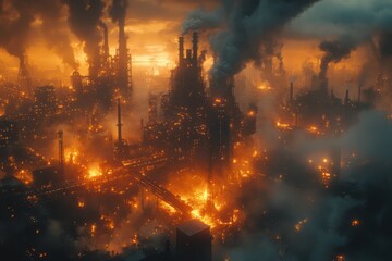 Obraz premium Industrial Inferno: A City Engulfed in Flames