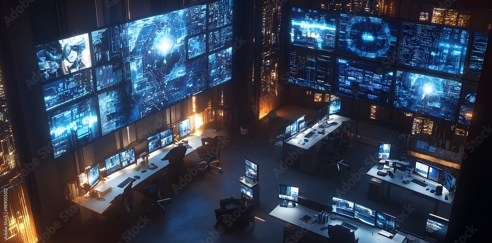 Poster high-tech security room with multiple monitors
