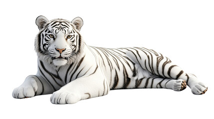 Obraz premium A striking white Bengal tiger isolated on a pure white background, showcasing its beautiful stripes and fierce presence