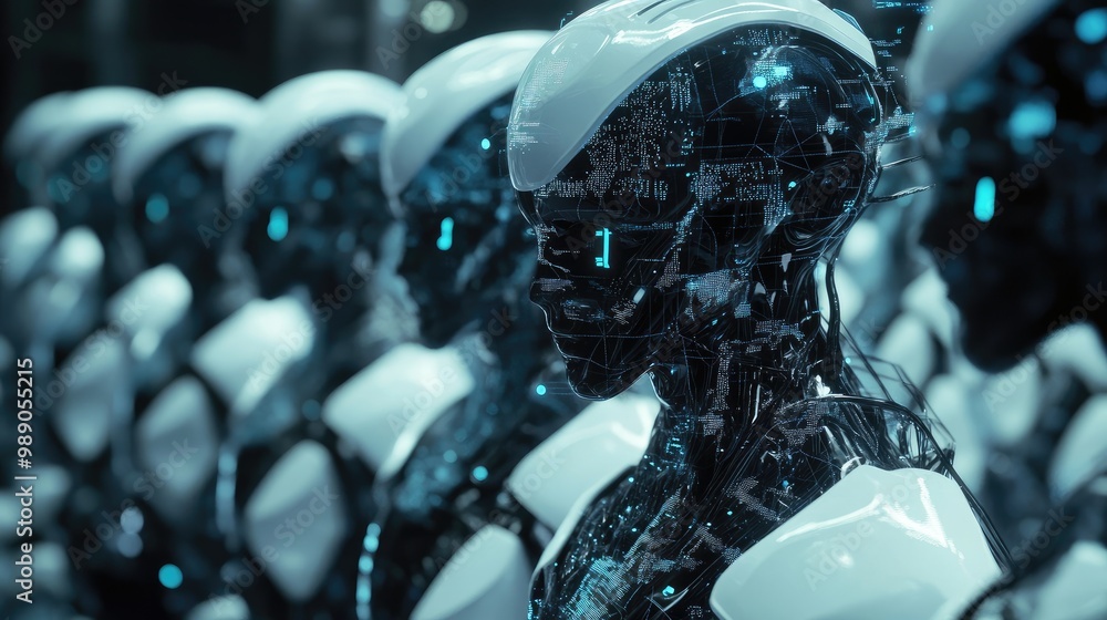 Poster ai robots connecting vast data streams, software networks, and human interaction points, guided by i
