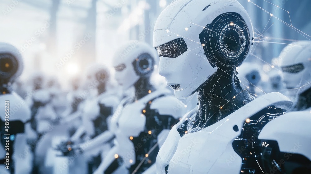 Poster ai robots connecting vast data streams, software networks, and human interaction points, guided by i