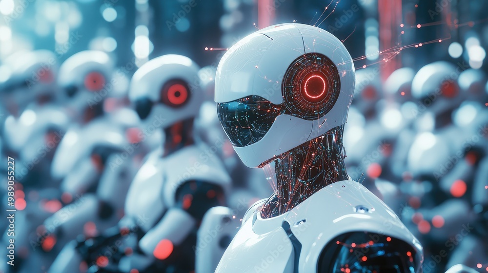 Poster ai robots connecting vast data streams, software networks, and human interaction points, guided by i