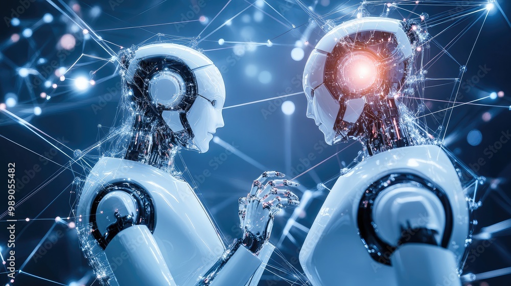 Poster ai robots synchronizing with data networks, transfer protocols, and a digital brain, representing hu