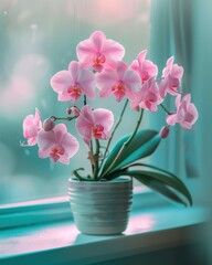 Close-Up of Phalaenopsis Orchid on Windowsill with Vibrant Pink Blooms

