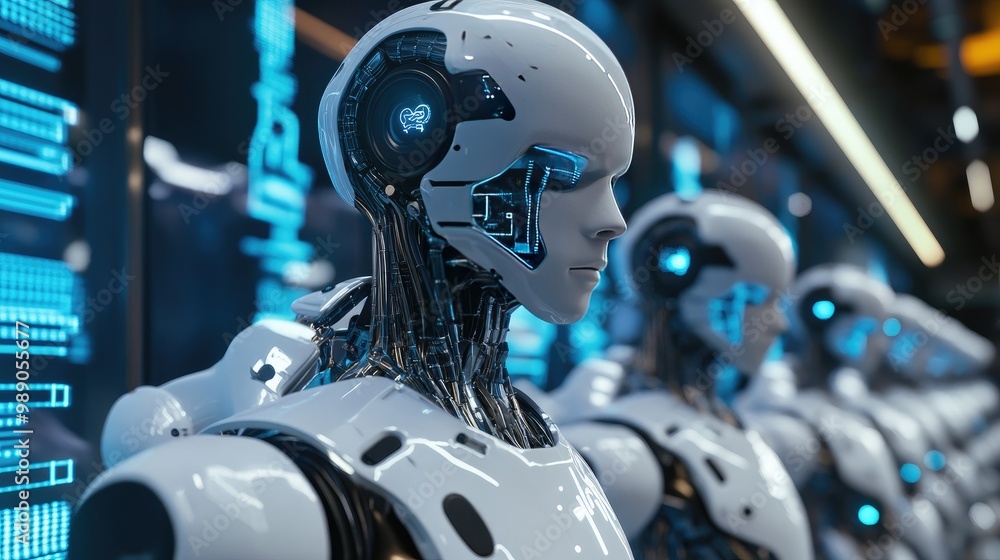 Poster ai robots visualizing the transfer of human data through big data systems, with an emphasis on ai br