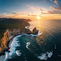 Drone view of a peaceful coastal landscape at sunset, waves gently crashing against the rugged cliffs, and the golden light reflecting off the ocean