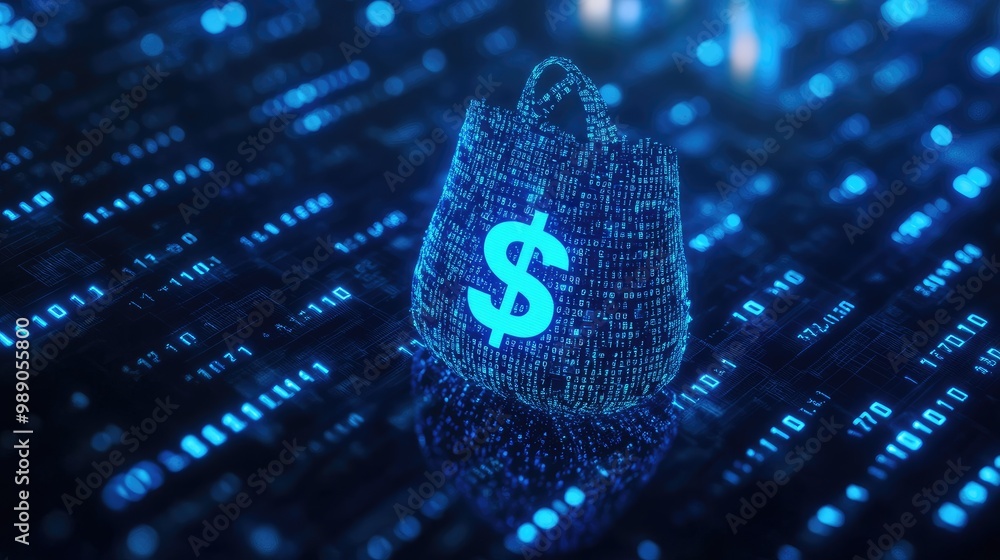 Poster ai-driven concept showing a blue digital money bag with symbol, surrounded by binary code, highlight