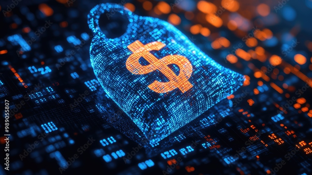 Poster ai-driven concept showing a blue digital money bag with symbol, surrounded by binary code, highlight