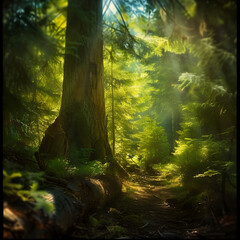 Obraz premium Serene Sunlit Forest with Lush Green Undergrowth - Peaceful Woodland Landscape