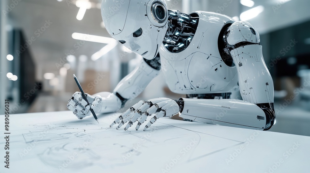 Poster an ai-powered humanoid robot carefully drawing on a large sheet of paper with robotic precision, in 