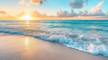 Obraz premium a pristine beach at dawn with sea waves with blue sky and sunset.