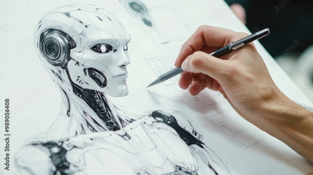 Poster artistic humanoid robot sketching on paper with smooth, precise movements in a tech-inspired, modern
