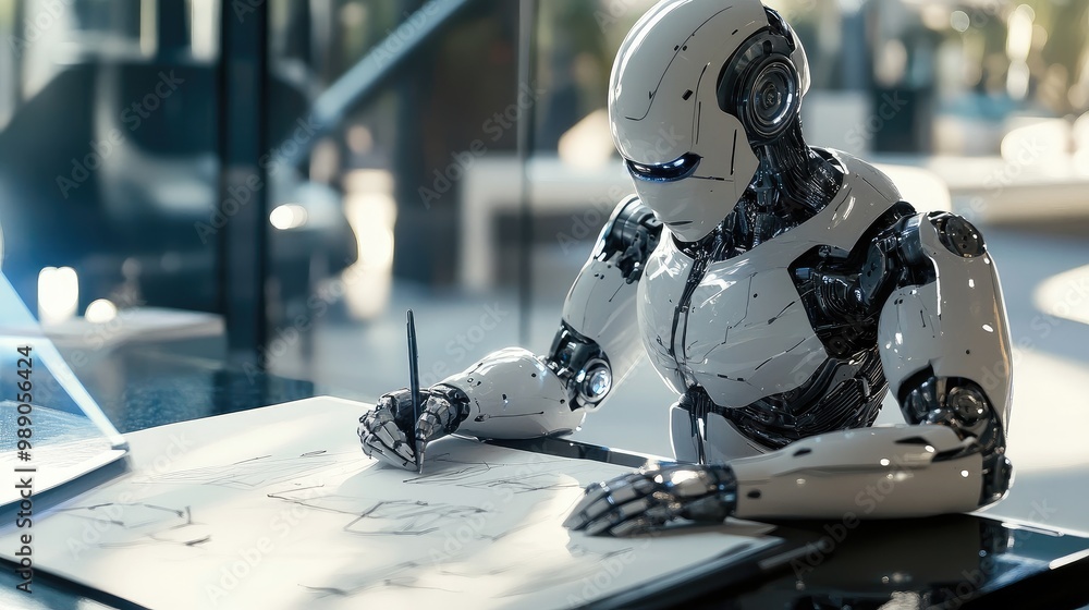 Poster artistic humanoid robot sketching on paper with smooth, precise movements in a tech-inspired, modern