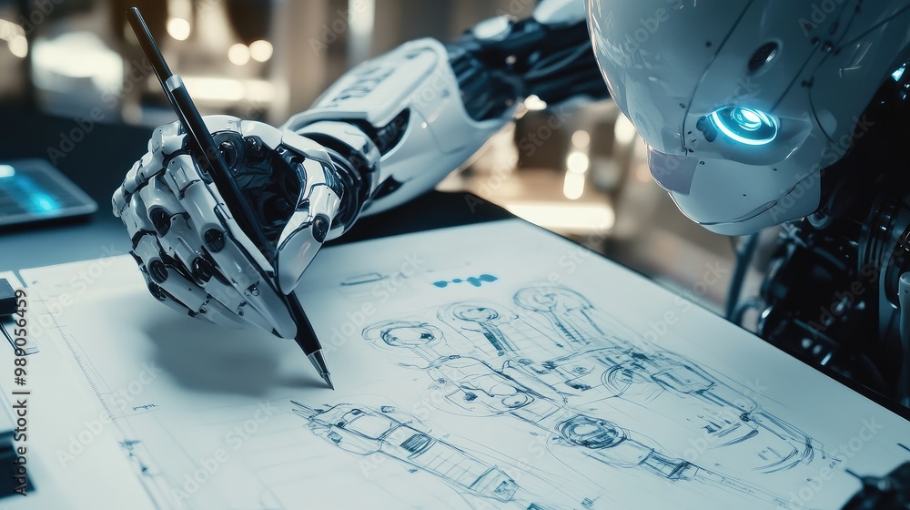 Poster artistic humanoid robot sketching on paper with smooth, precise movements in a tech-inspired, modern