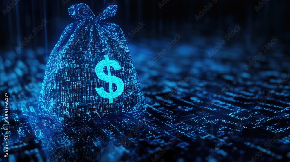Aufkleber blue digital money bag featuring a dollar icon and streams of binary code, representing ai-powered f