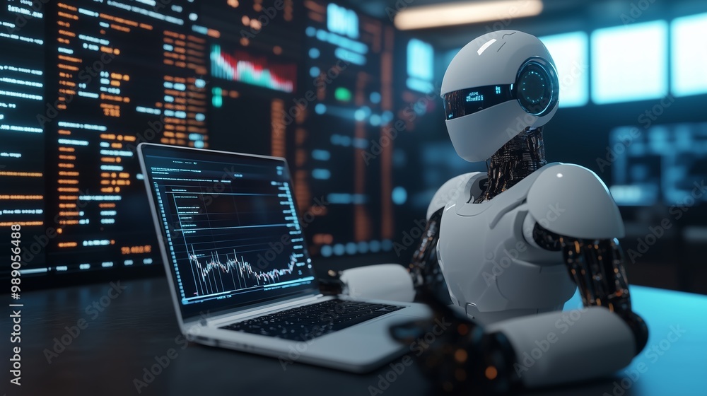 Poster a humanoid robot interacts with a laptop in a high-tech control room filled with data displays and c