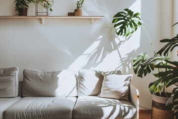 A modern living room with a sleek grey sofa, basking in soft natural light, featuring minimalistic decor and serene atmosphere.