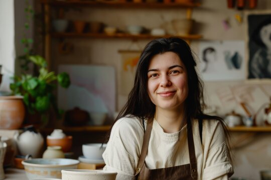 A woman poses contentedly in her pottery studio, surrounded by her handcrafted creations, radiating a serene and contemplative aura amid her artistic workspace.