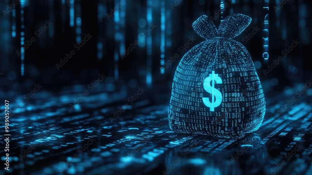 Aufkleber blue digital money bag with dollar icon and binary code patterns, symbolizing ai-powered personal fi