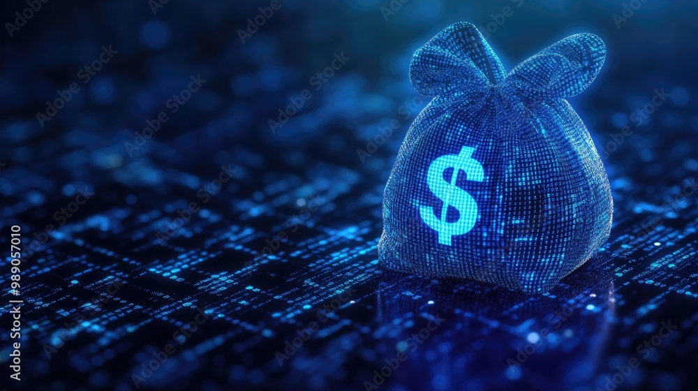 Poster blue digital money bag with dollar icon and binary code patterns, symbolizing ai-powered personal fi