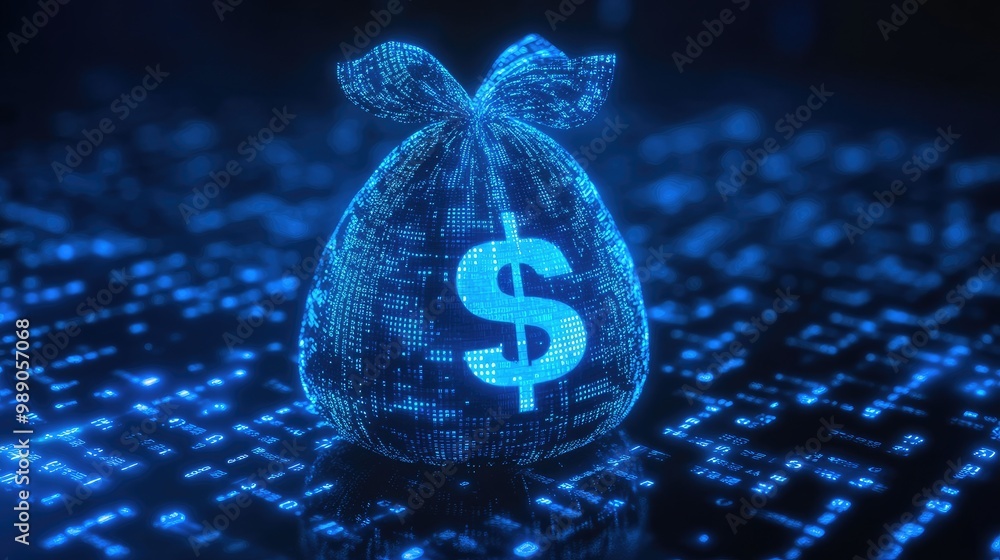 Aufkleber blue digital money bag with dollar icon and binary code patterns, symbolizing ai-powered personal fi