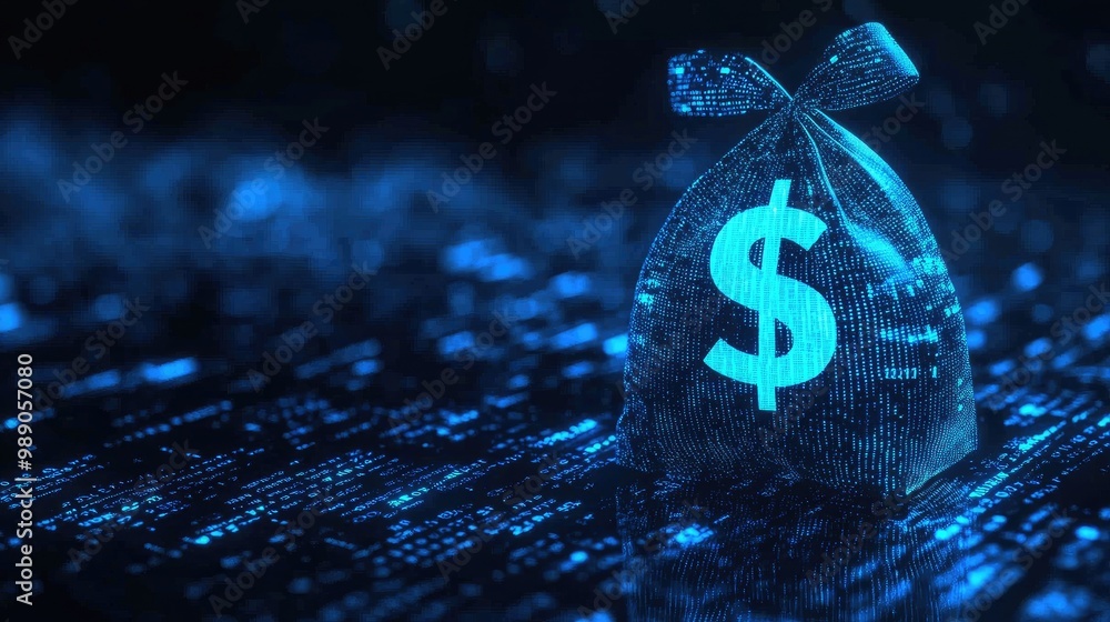 Poster blue digital money bag with dollar icon and binary code patterns, symbolizing ai-powered personal fi