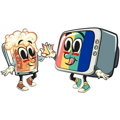 vintage tv monitor cartoon character mascot retro vector design giving a large glass of beer a high five, work of hand drawn