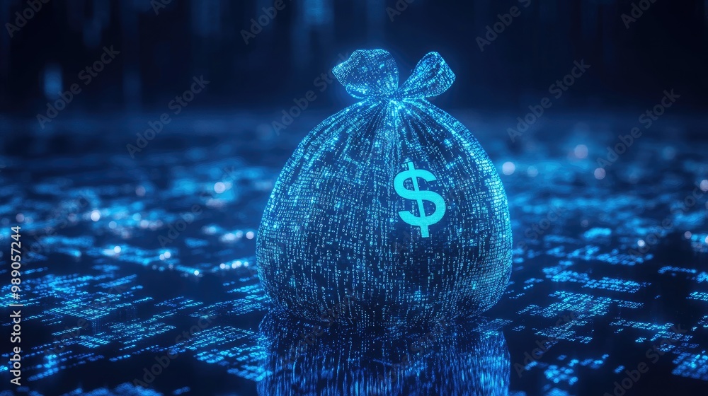 Poster blue money bag with icon, illuminated by binary code streams, reflecting ai financial transaction an